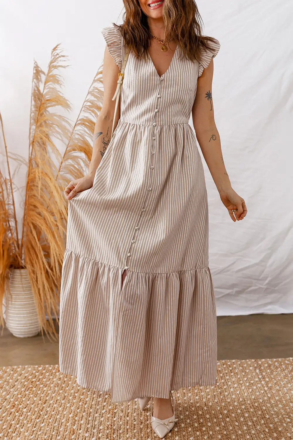 Striped Button Front Slit Maxi Dress