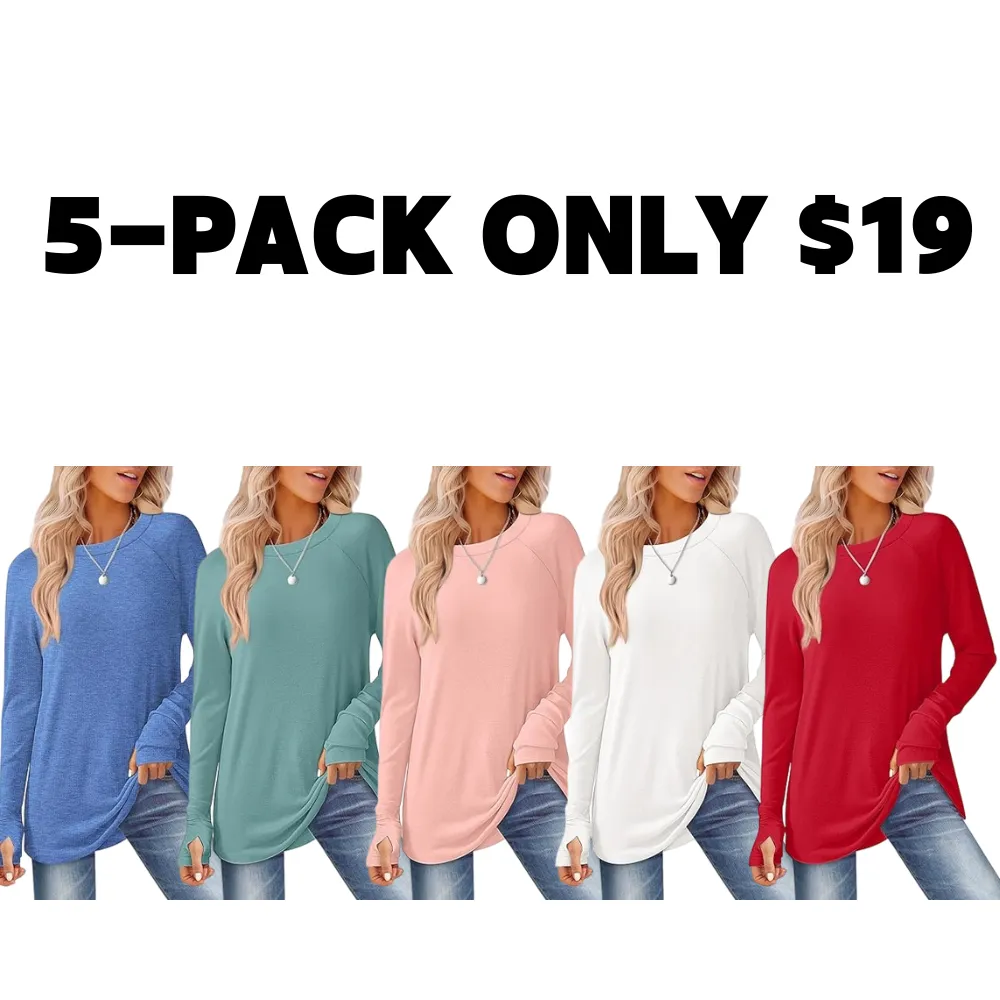 Womens Tunic Tops to Wear with Leggings Long Sleeve Thumb Hole Shirts Crew Neck Curved Hem