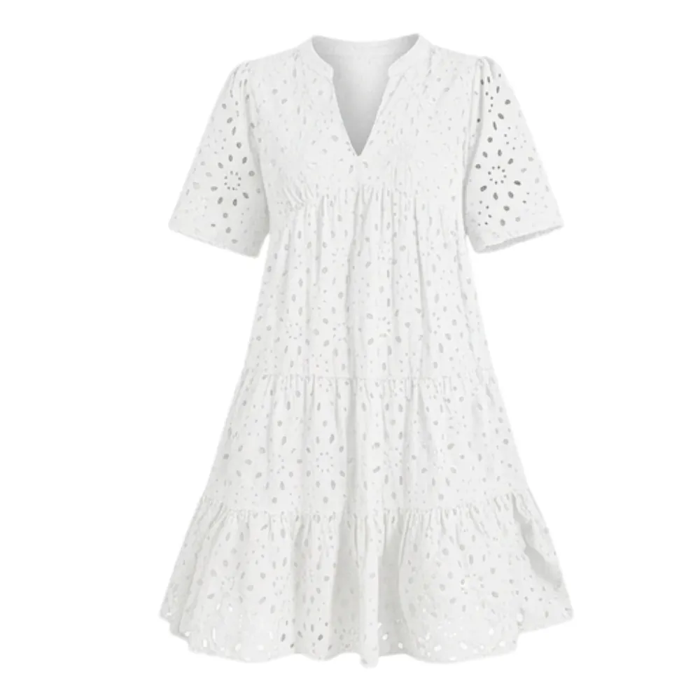 V Neck Flowy Eyelet Midi Dress