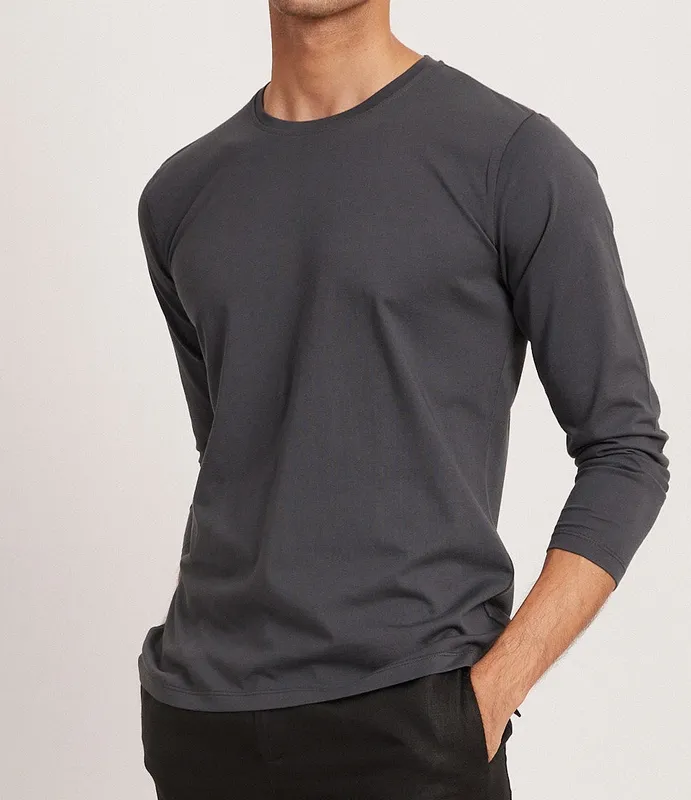 Charcoal Long Sleeve Cotton Crew Neck T-Shirt