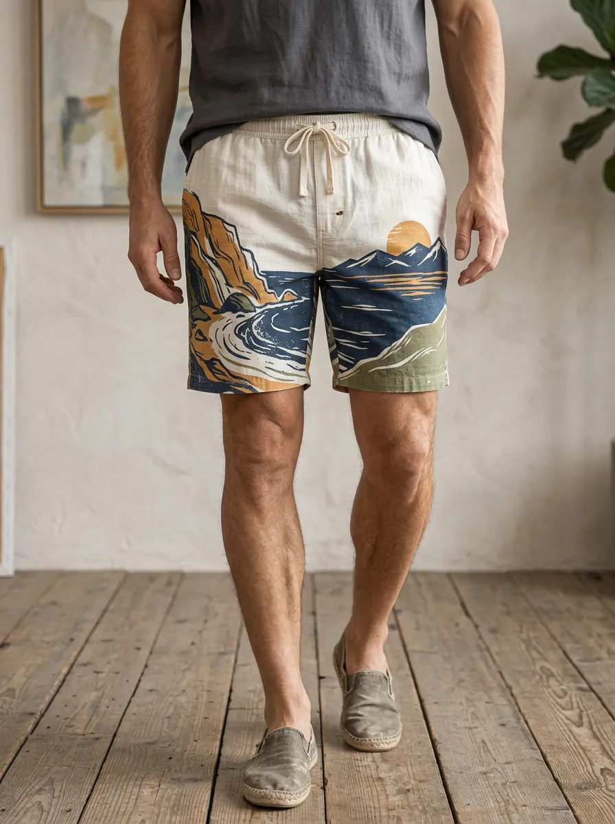 Men's Nature Mountain Ocean Sunset Drawstring Shorts