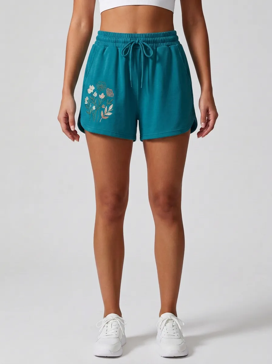 Women's Curved-Hem Floral-Embroidered Lounge Shorts
