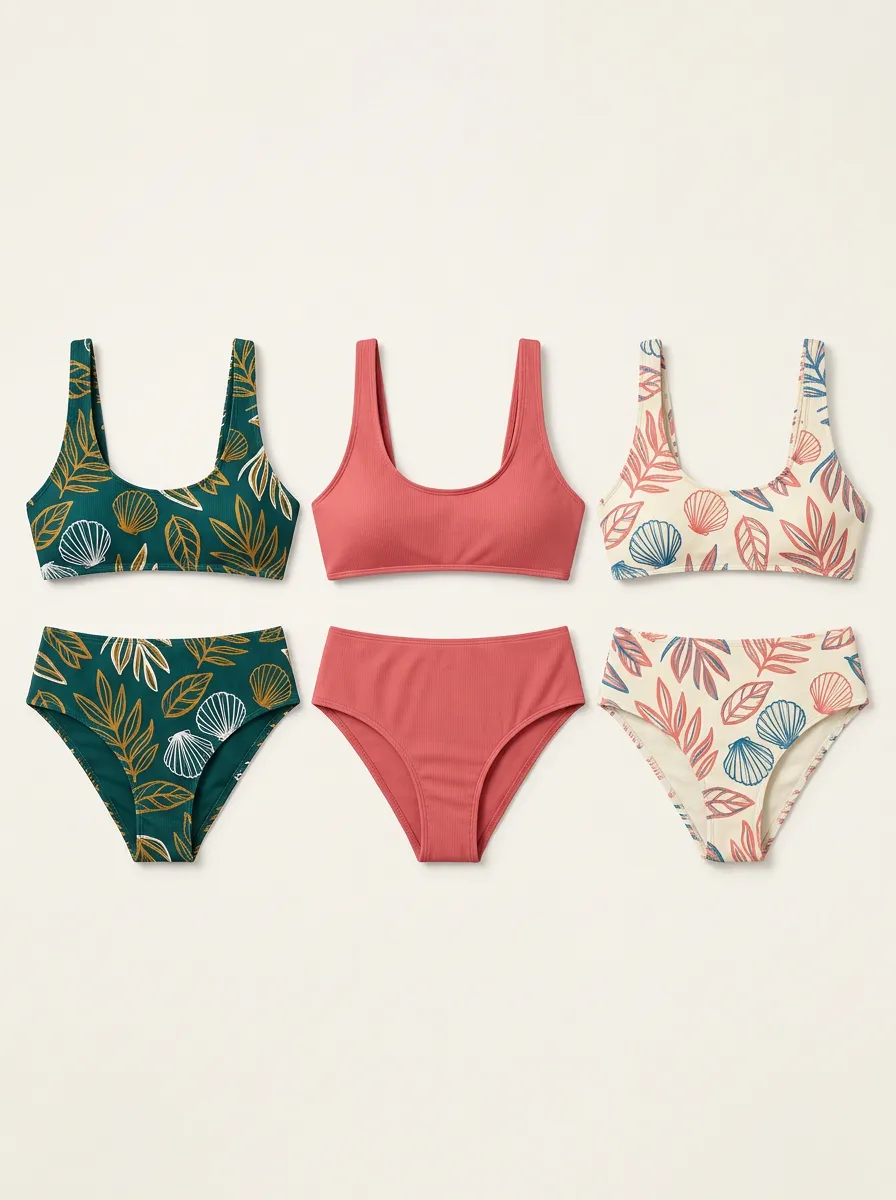 Women's Tropical Beach Shell Leaf Printed Three Piece Bikini Set