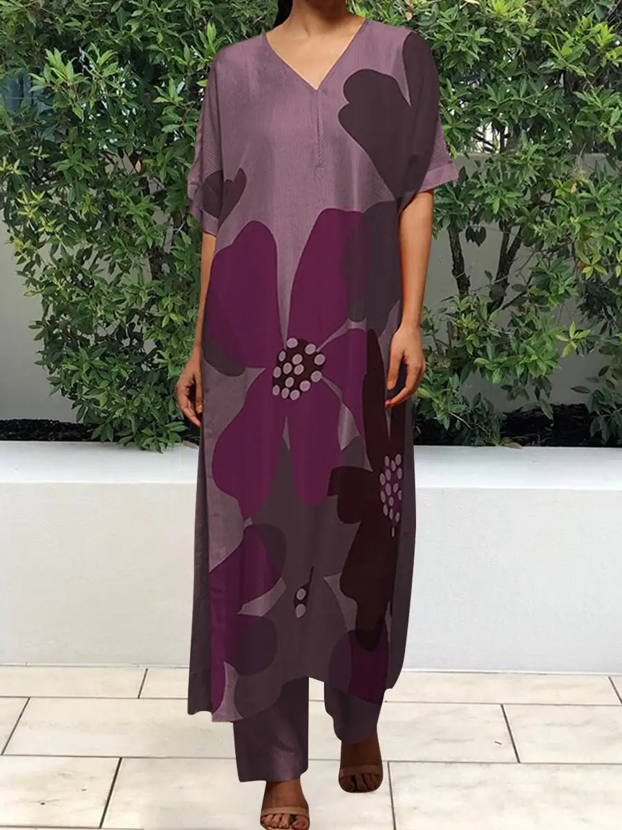 Printed V-neck Slit Side Long Tee Casual Two-piece Suits