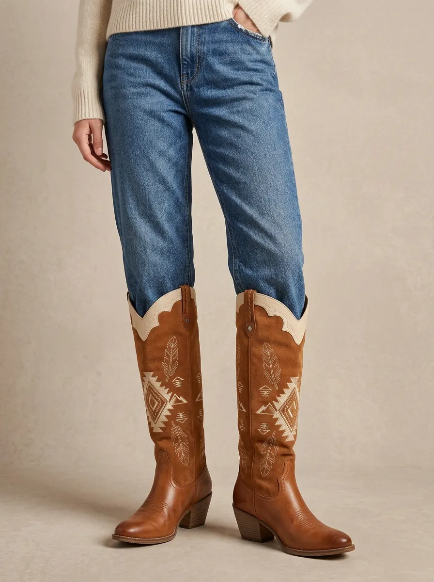 Women's Western Feather Geometric Embroidered Braided Almond-Toe Block-Heel Denim Over-the-Knee Boots