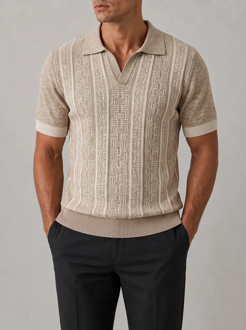 Men's Vertical Geometric Open Collar Knit Polo
