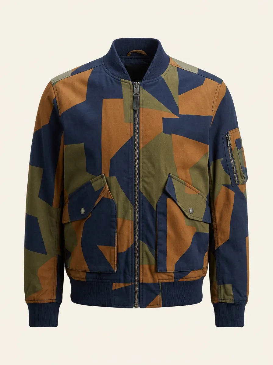 Men's Geometric Camo Pattern Printed Bomber Jacket
