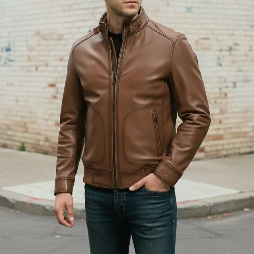 Leather Biker Motorcycle Banded Collar Jacket