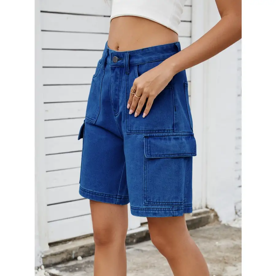 High Waist Denim Shorts with Cargo Pockets