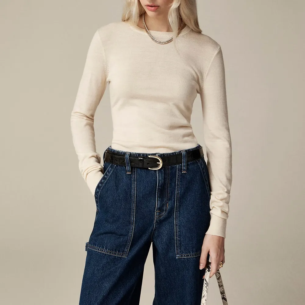 Ribbed Cashmere Solid Color Short Crew Neck Sweater