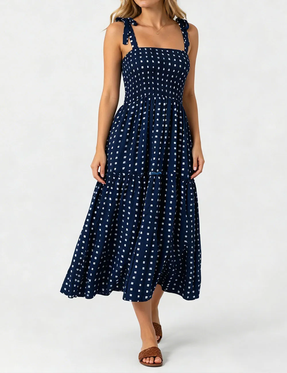 Abstract Smocked Strap Square Neck Midi Dress