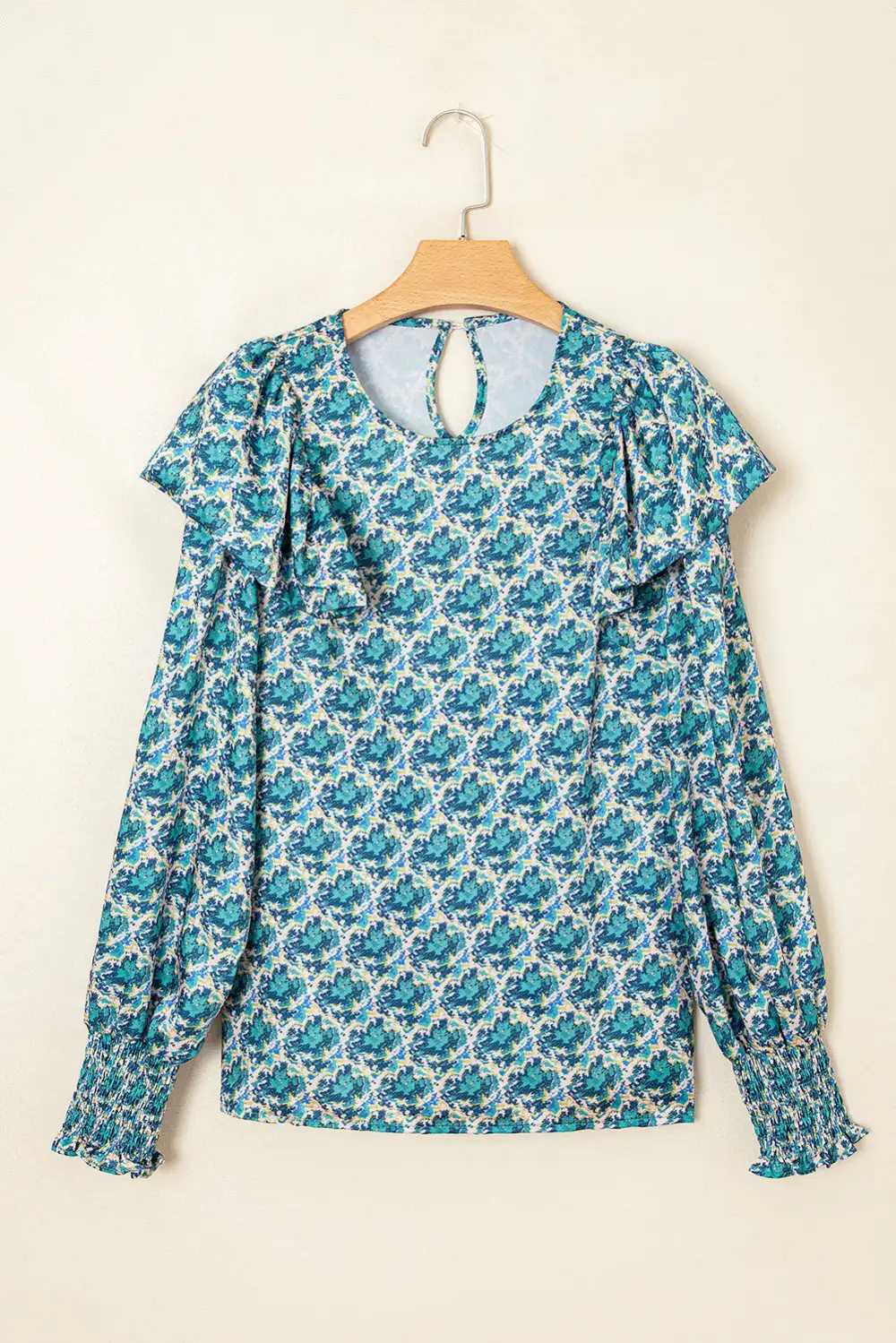 Abstract Print Shirred Puff Sleeve Blouse