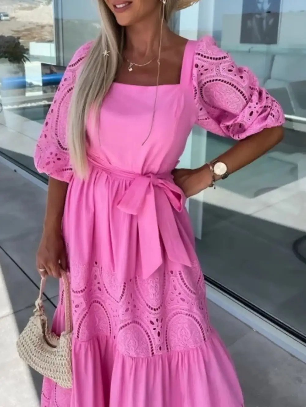 Lace Tie Waist Ruffle Maxi Dress