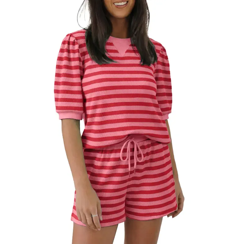 Women's Striped Puff Sleeve Short Sleeve 2‑Piece Set