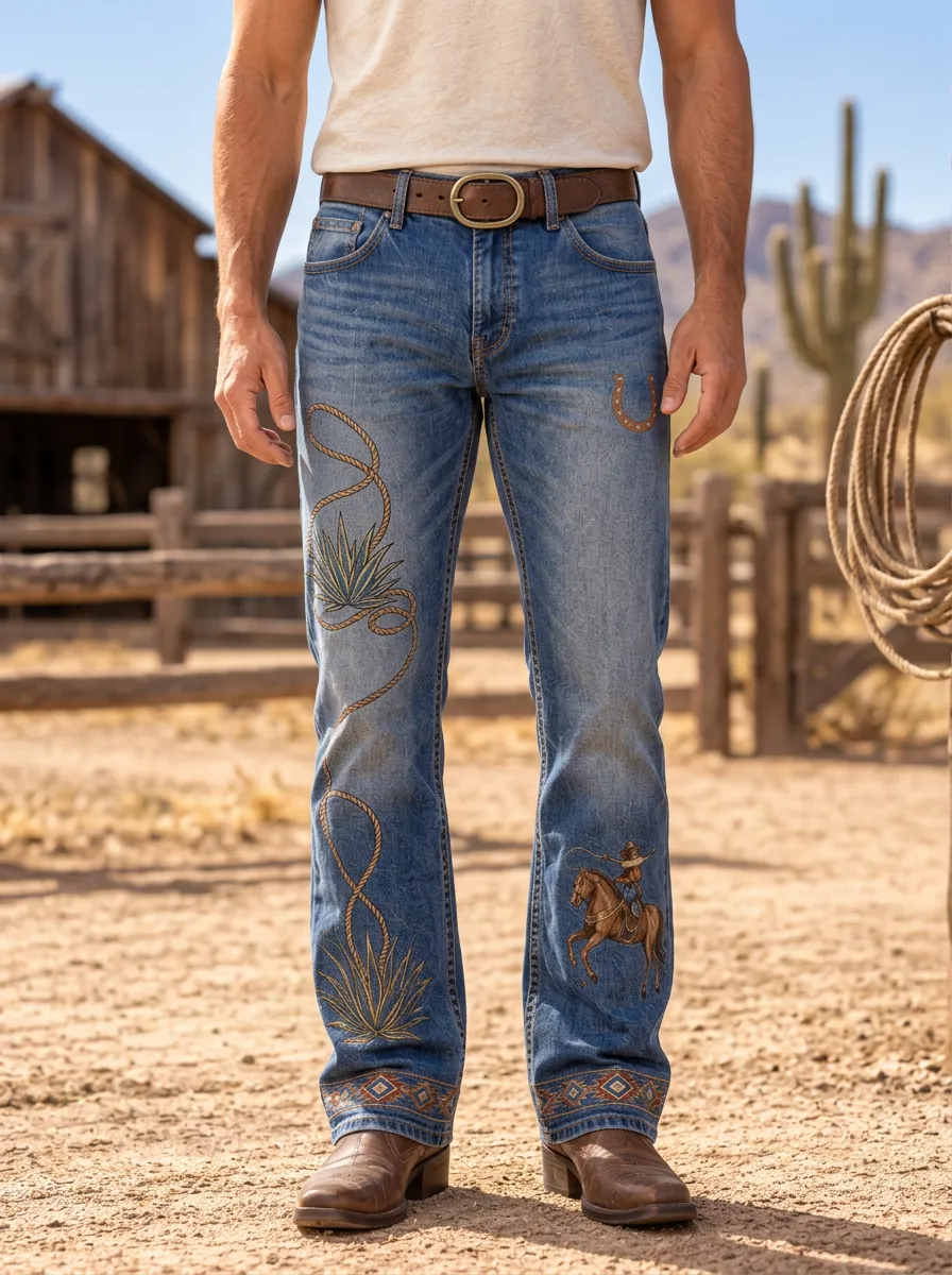 Men's Classic Western Cowboy Horseshoe Horse Jeans