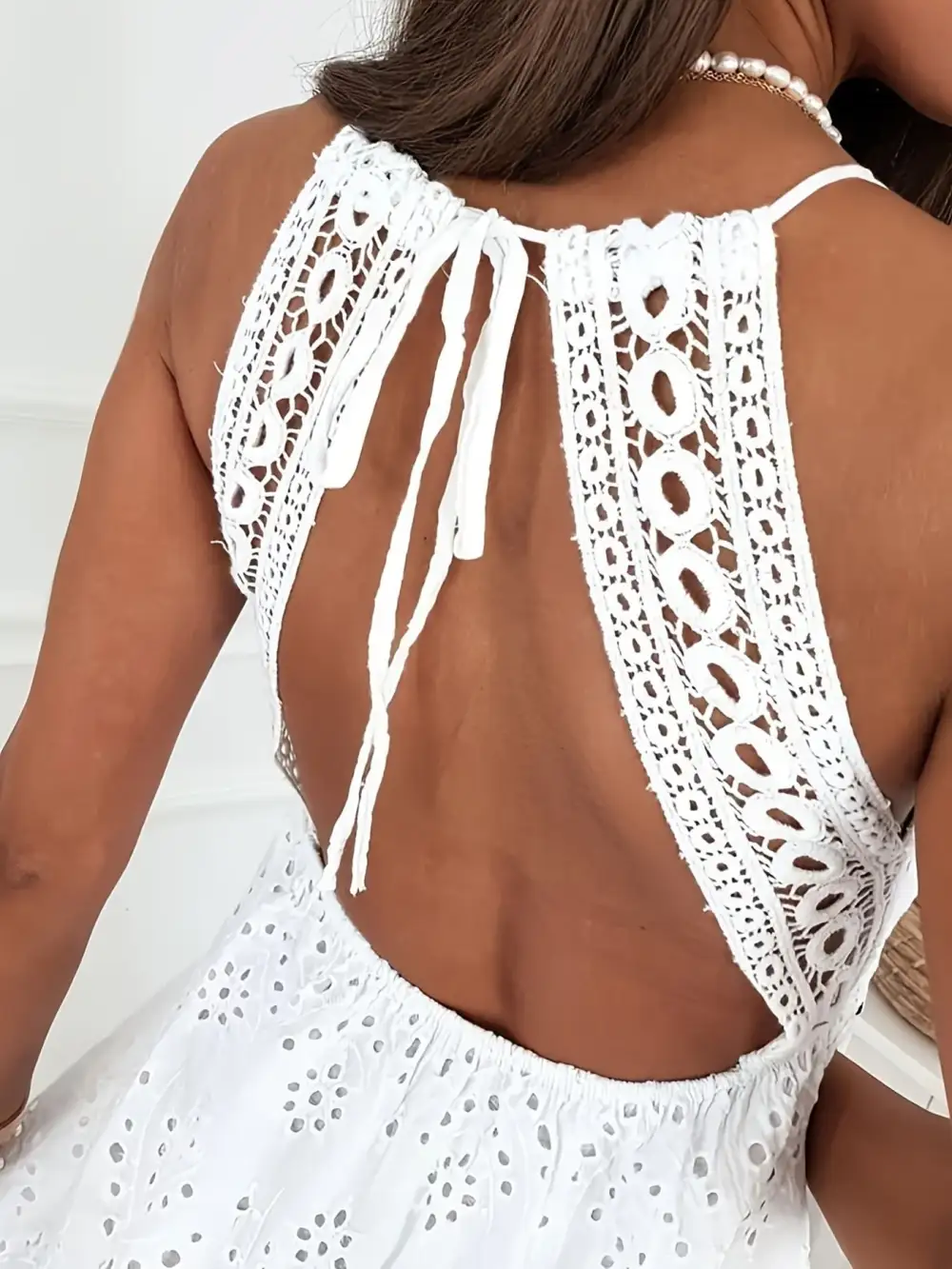 Lace Eyelet V Neck Mini Dress