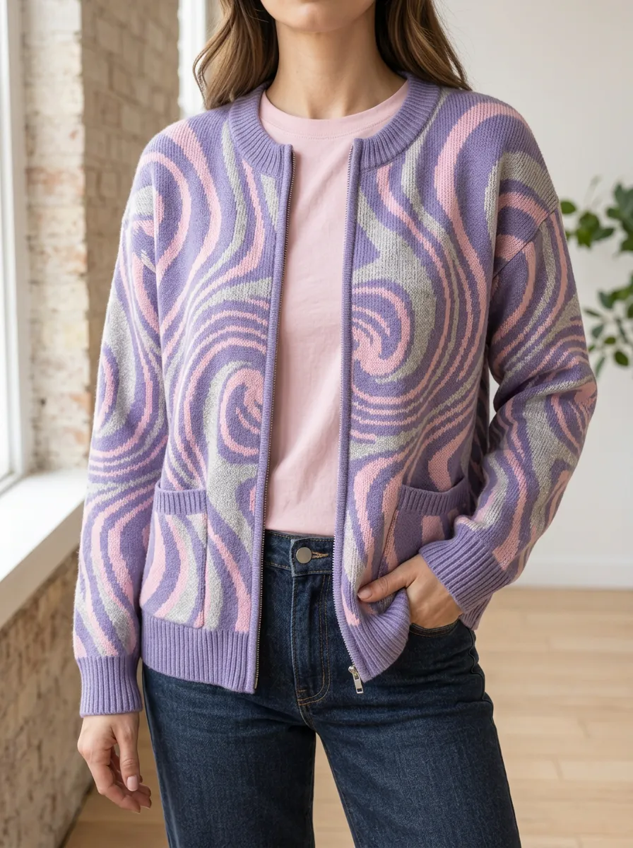 Women's Retro Swirl Pattern Knitted Zip-up Cardigan