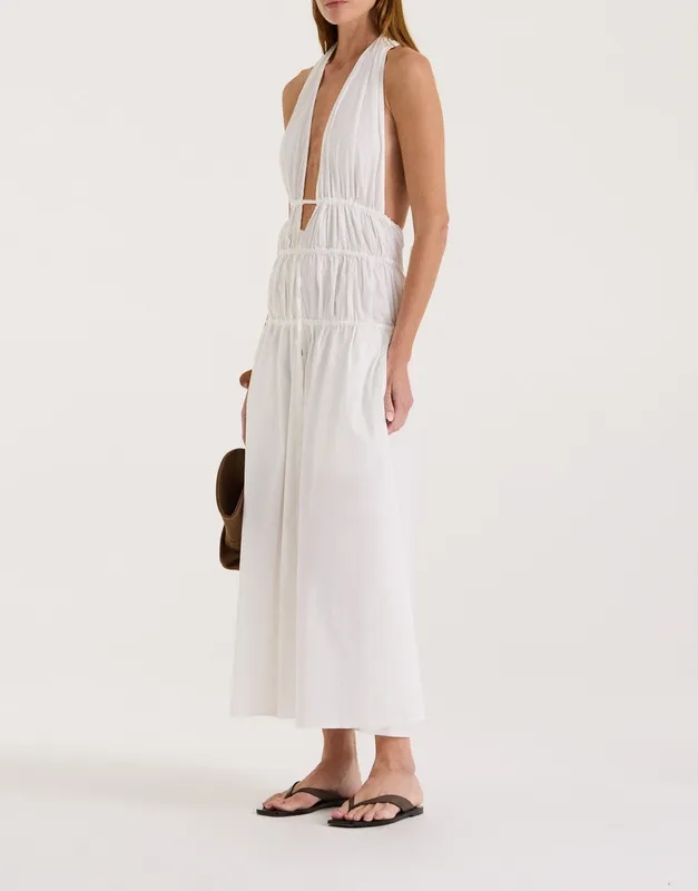 White Shirred Halter Open-Back Dress