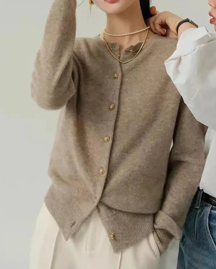 Classic Wool Button-Front Round-Neck Cropped Cardigan