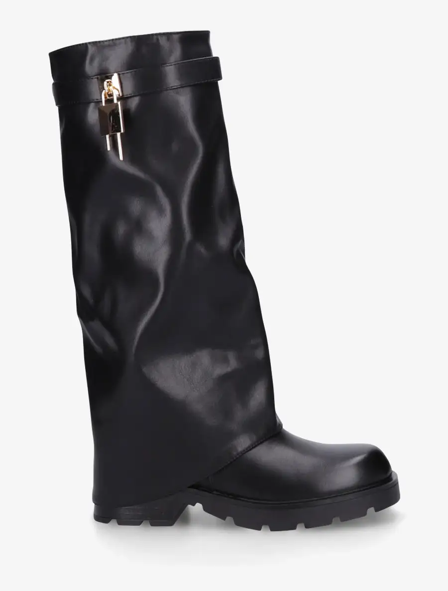 Textured Block Heel Fold-Over Faux Leather Knee High Boots