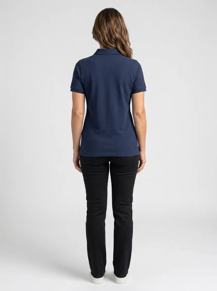 Women's Navy Blue Striped Collar Pocket Polo Shirt