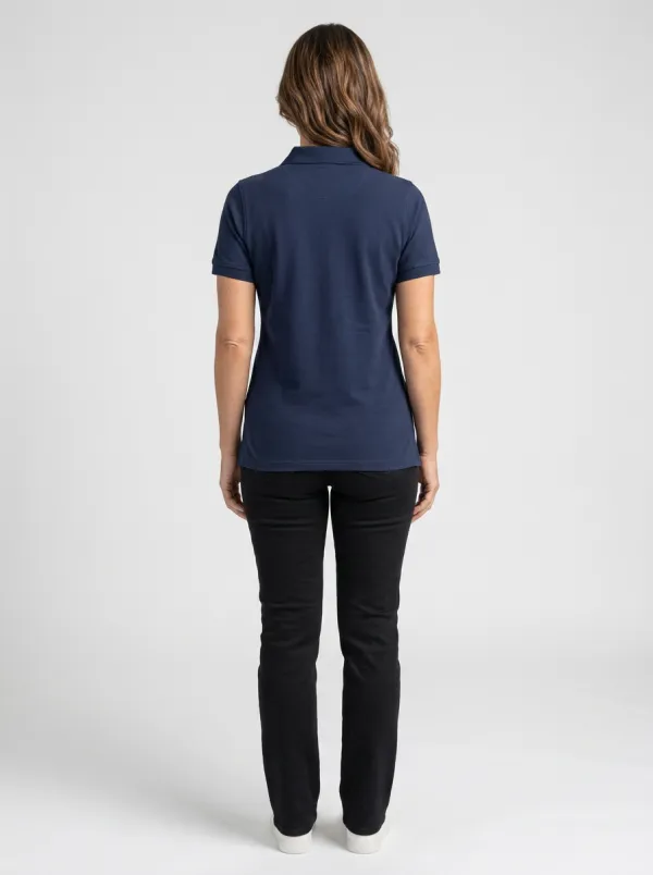 Women's Navy Blue Striped Collar Pocket Polo Shirt