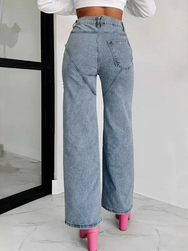 Distressed High Waist Straight Leg Seamed Rhinestone Jeans