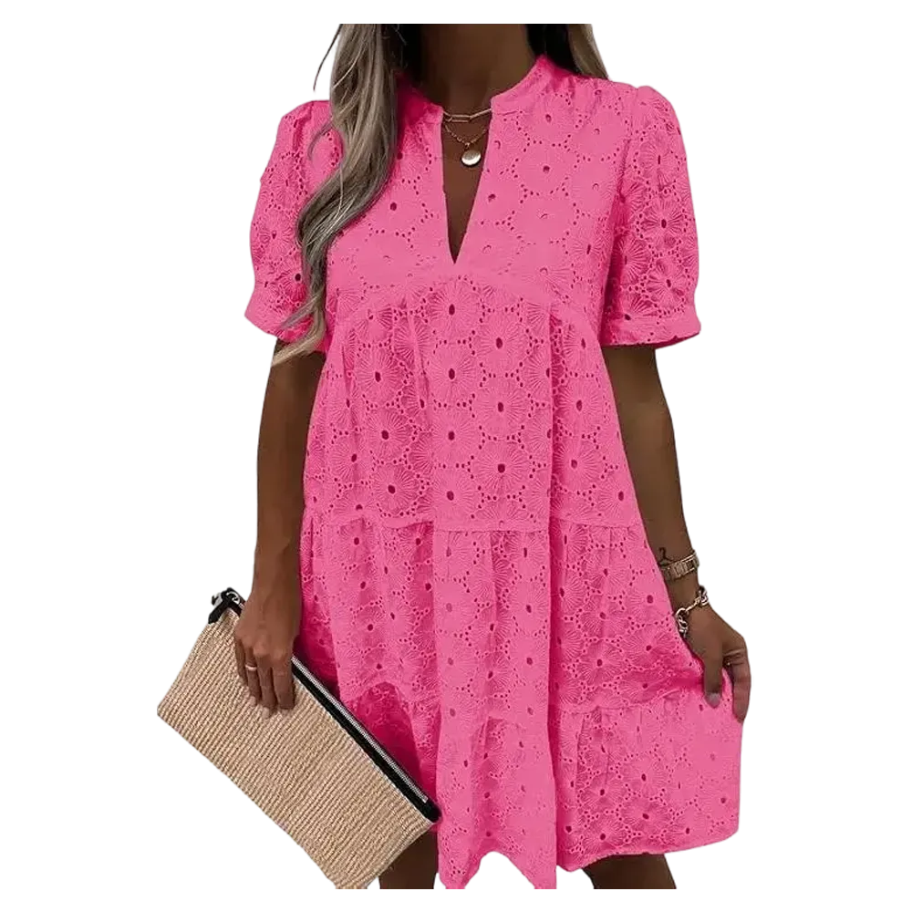 Flowy Lace Dresses Short Sleeve V Neck Tunic Dress