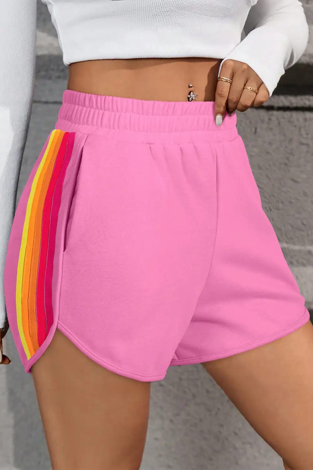 Classic Striped High Waist Elastic Waist Active Shorts