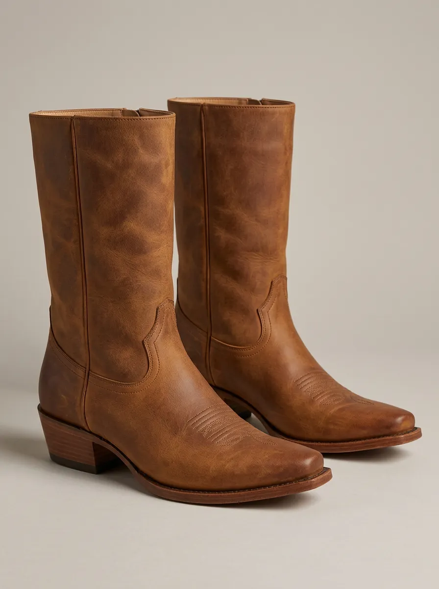 Unisex Brown Leather Western Boots with Printed Design