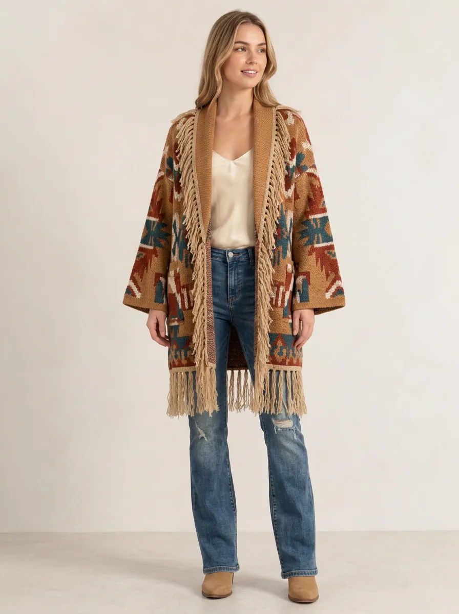Women's Southwestern Pattern Fringe Cardigan Geometric