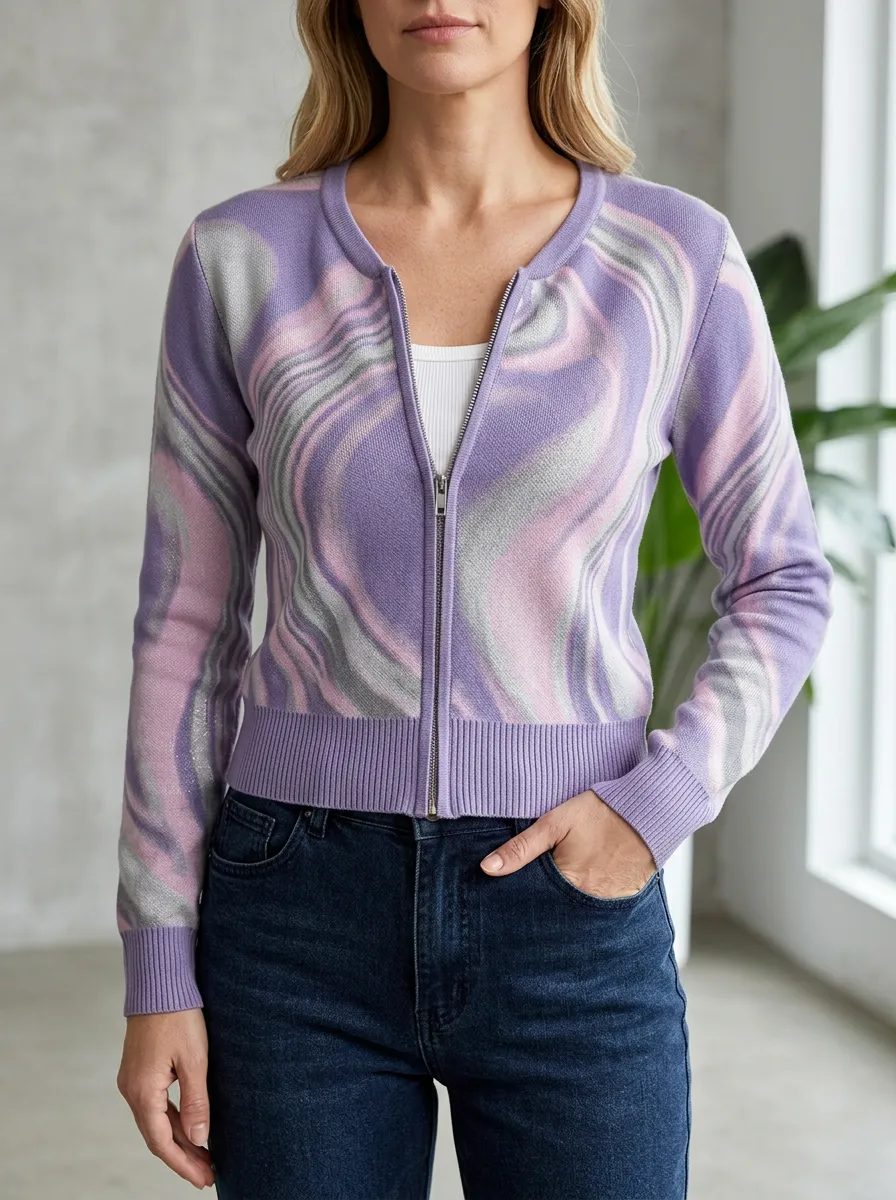 Women's Swirl Pattern Printed Zip-up Long Sleeve Casual Layering Cardigan