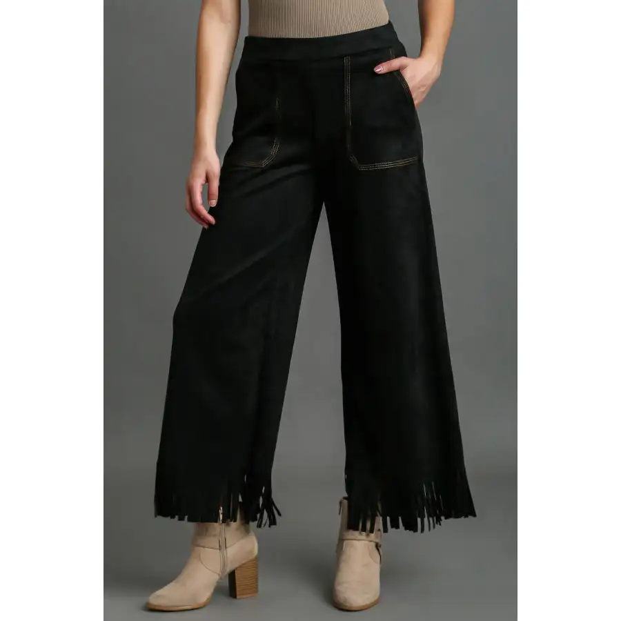 Full Size Suede Fringe Hem Wide Leg Pants Plus Size