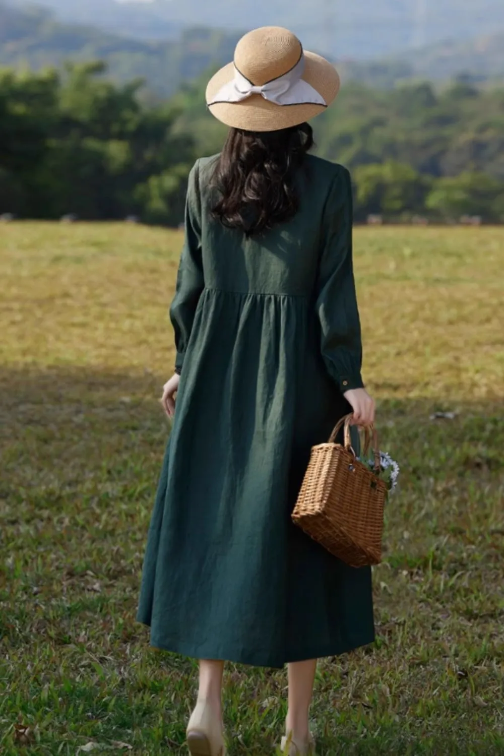 Linen Ruffle Ruffle Neck Long Sleeve Midi Dress