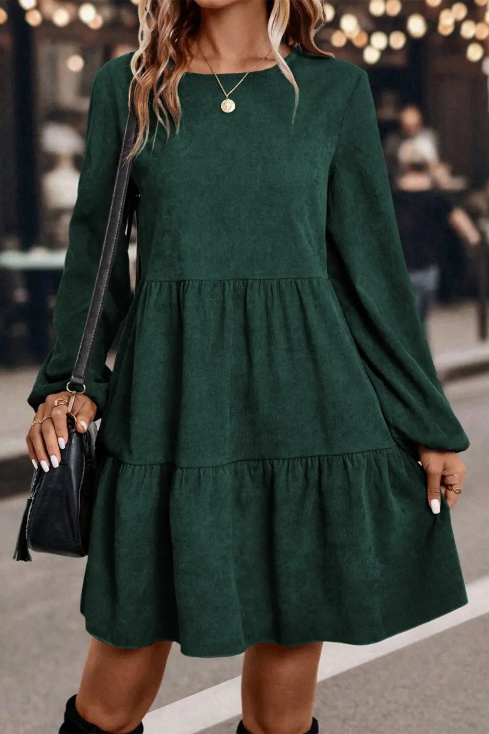 Wearable Cut Tiered Lantern Sleeve Mini Dress