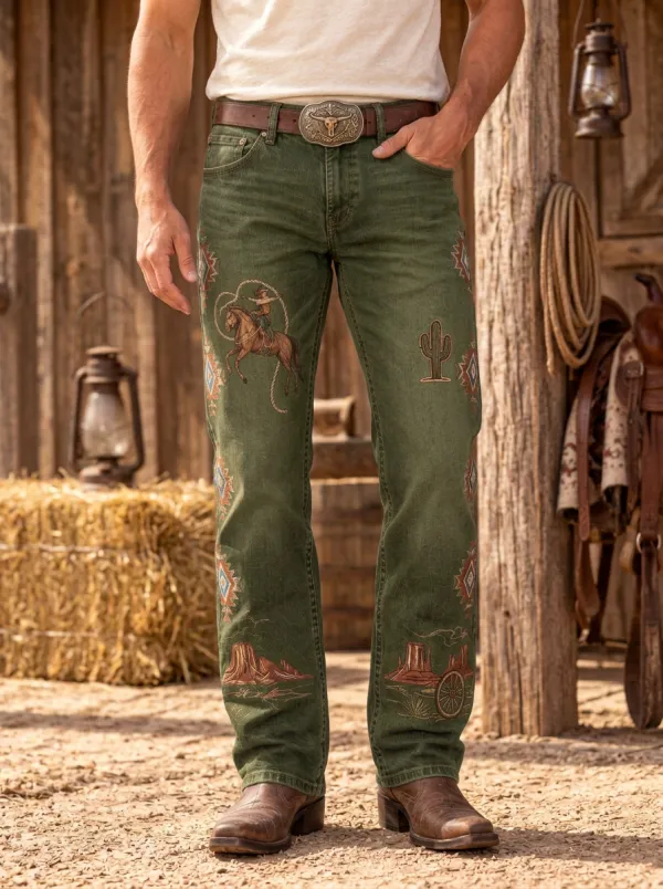 Men's Western Cowboy Rodeo Cactus Desert Printed Jeans