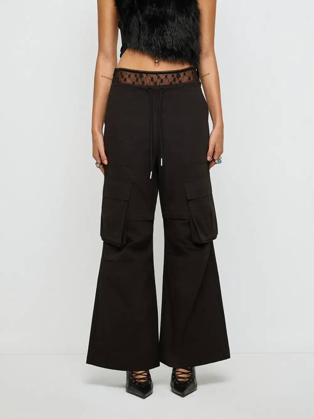 Flared Lace-Waist Cargo Pants