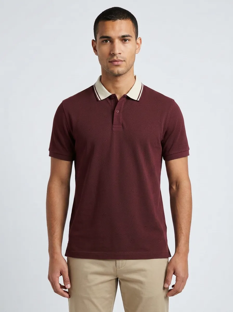 Men's Teal Geometric Pattern Contrast Collar Printed Polo Shirt