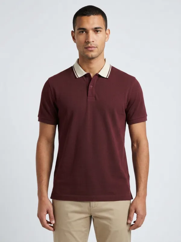 Men's Teal Geometric Pattern Contrast Collar Printed Polo Shirt