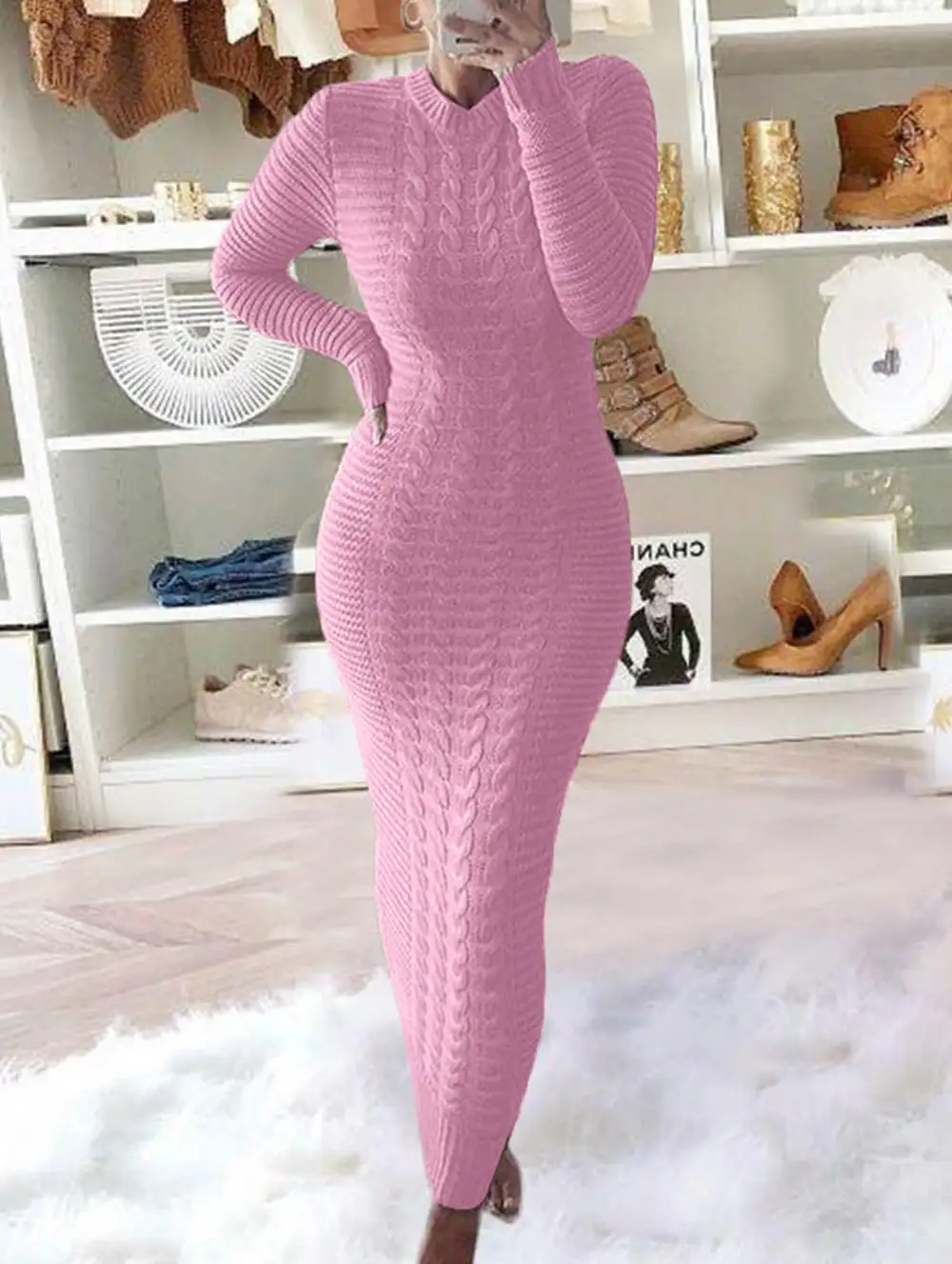 Cable Knit Long-Sleeved Wool Dress