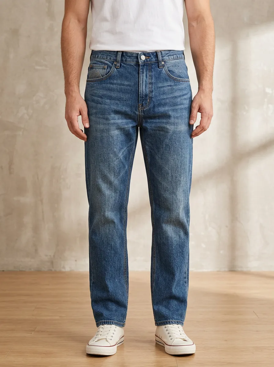 Men's Loose Fit Jeans with Straight Leg Pocket Detail Mountain Graphic