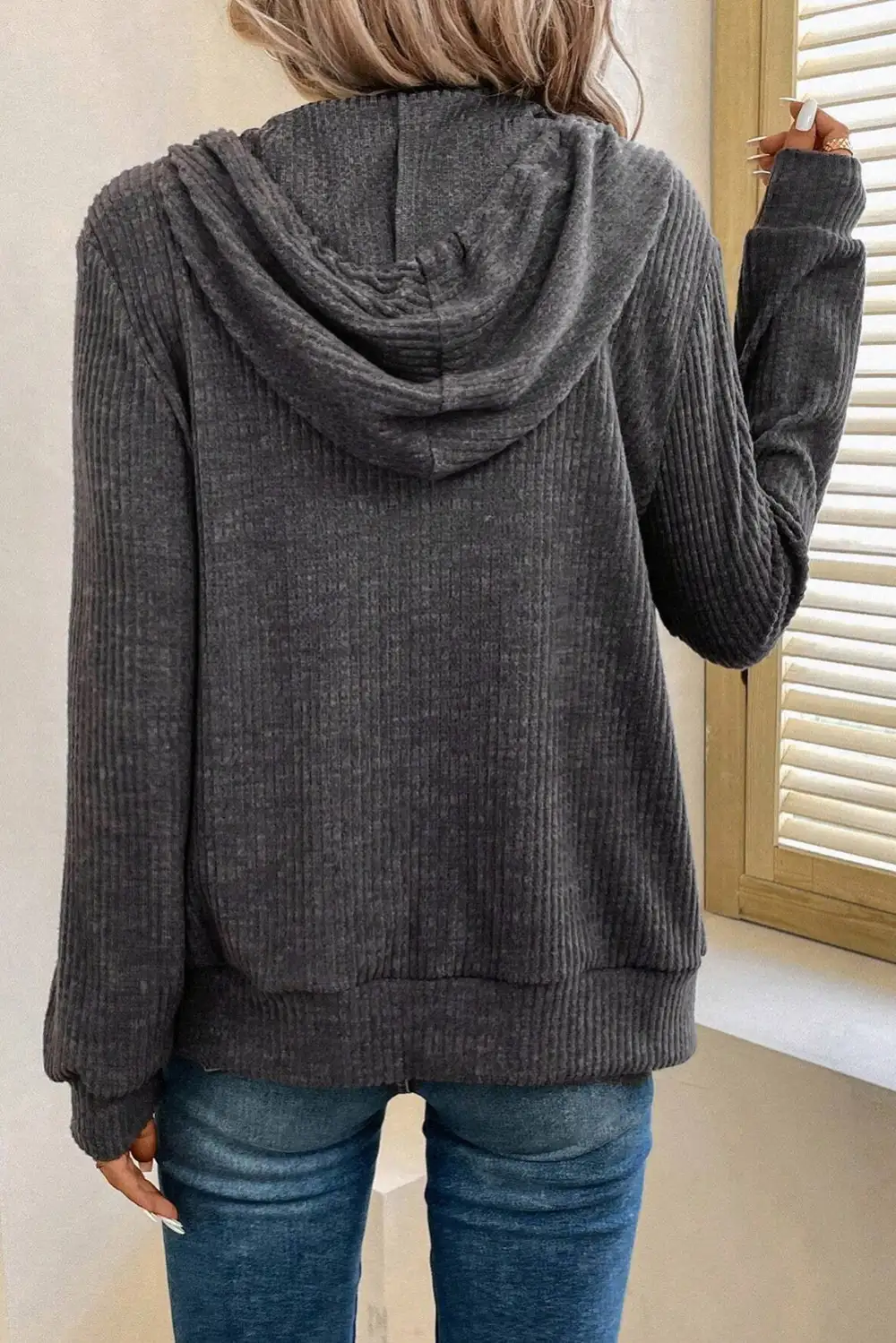 Relaxed Ribbed Zip Detail Hoodie
