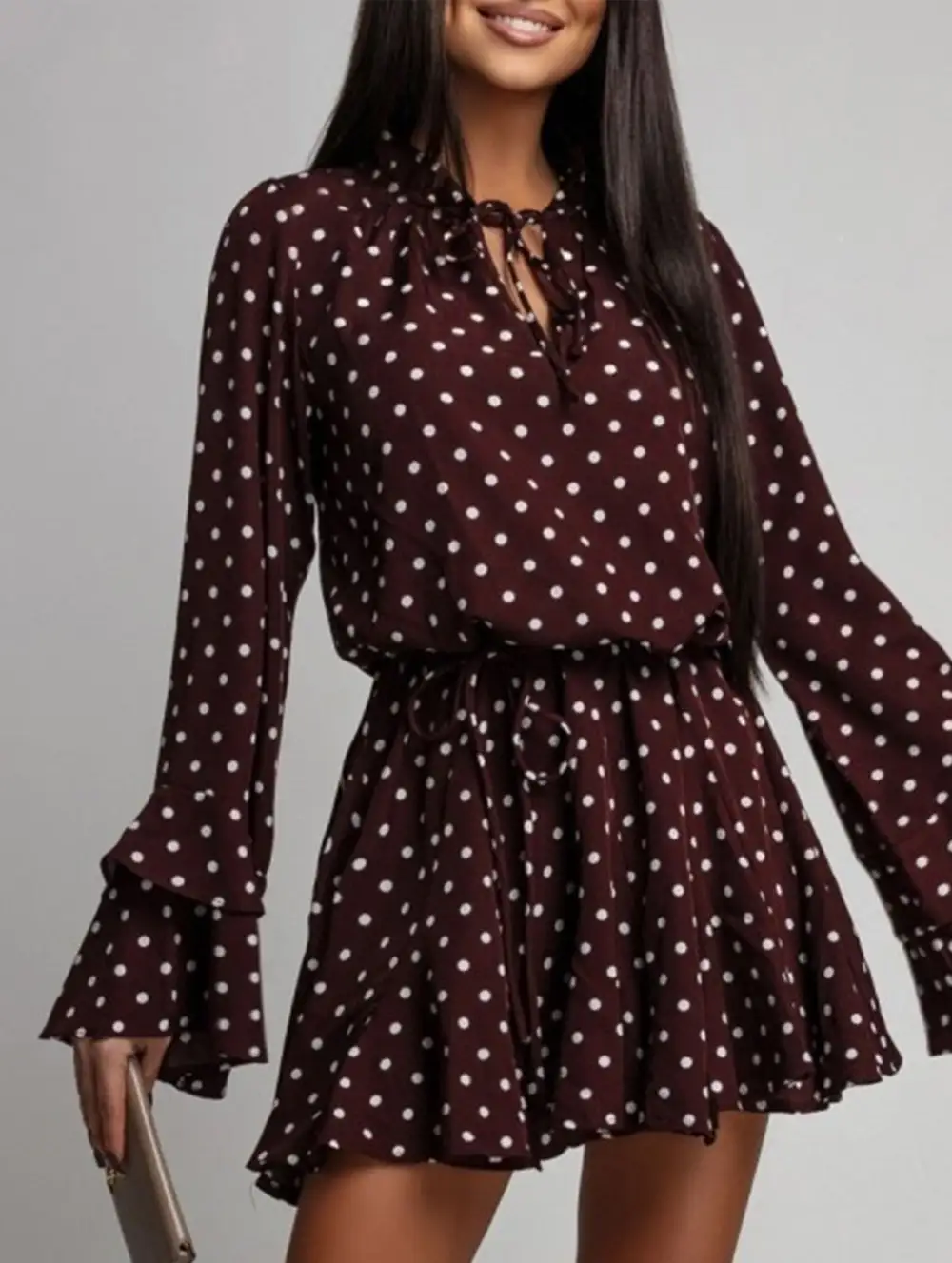 Polka Dot V-Neck Long Sleeve Midi Dress