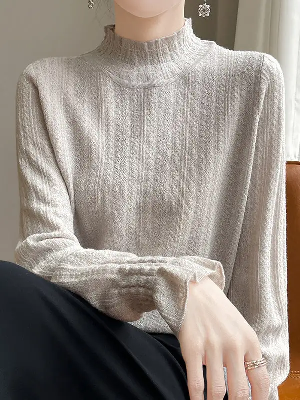 Long Sleeve Relaxed Elasticity Ruffle Trim Mock Neck T-Shirt