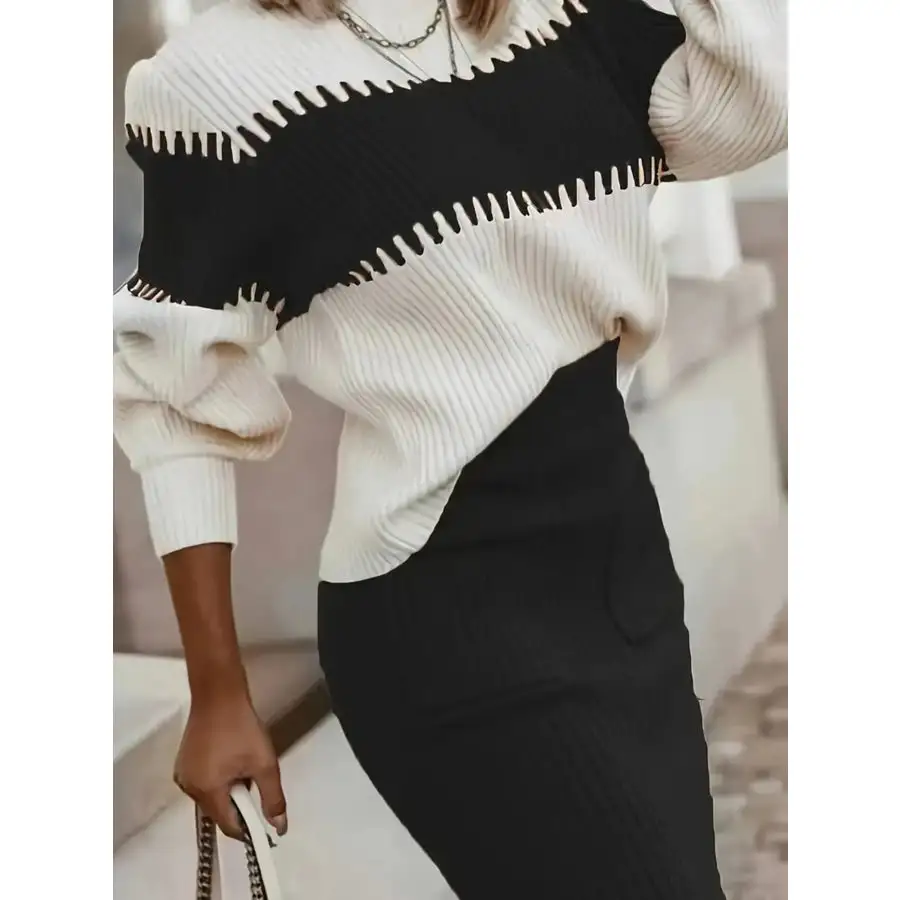 Two Tone Ribbed Knit Top and Skirt Sweater Set