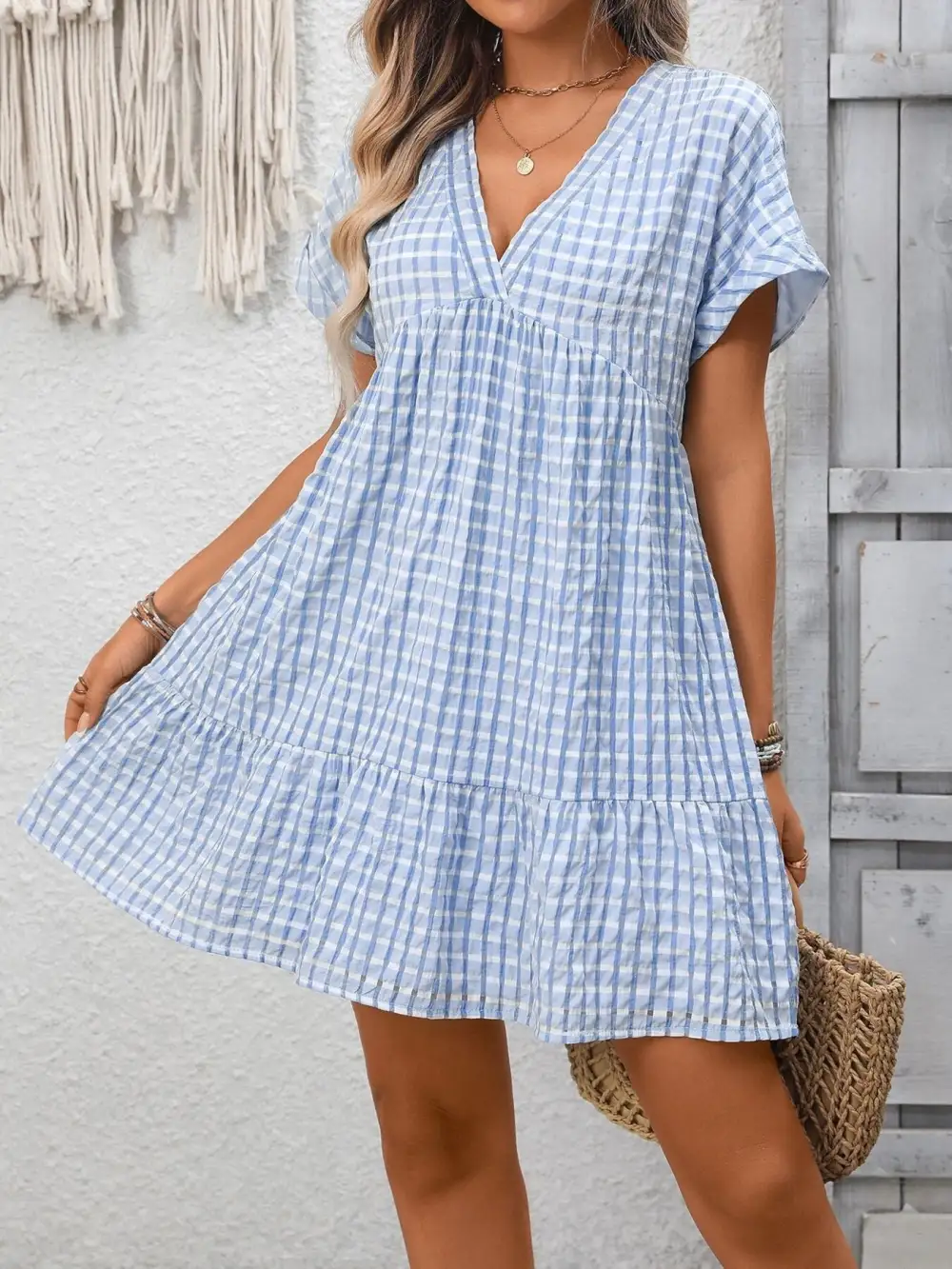 Plaid V Neck Ruffle Mini Dress