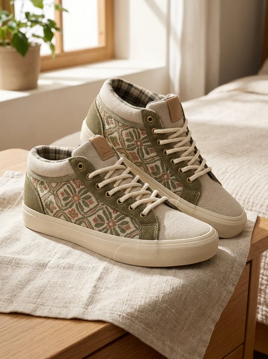 Women's Vintage Floral Pattern Olive Green Printed Sneakers