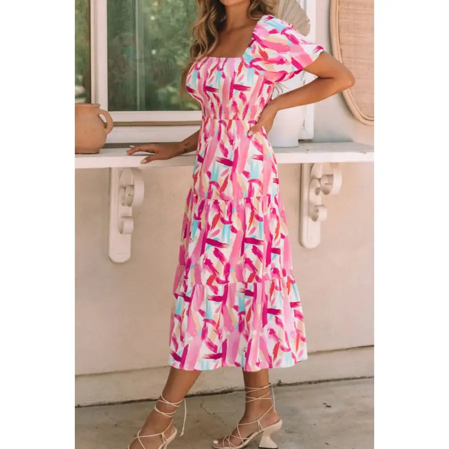 Geometric Puff Sleeve Square Neck Midi Dress
