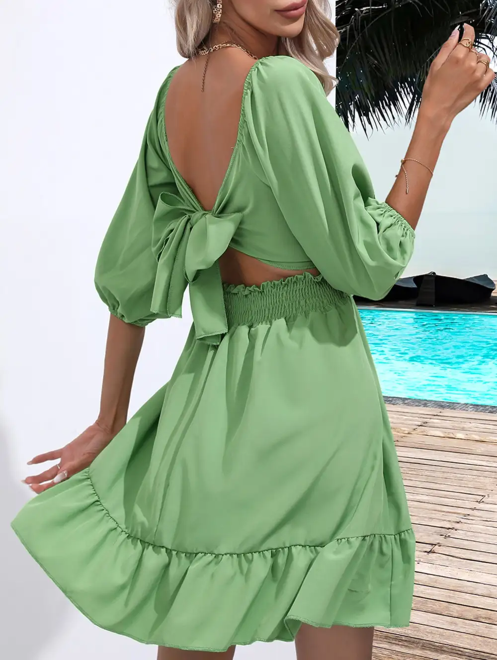 Square Neckline Ruffled Tie Up Short Dress