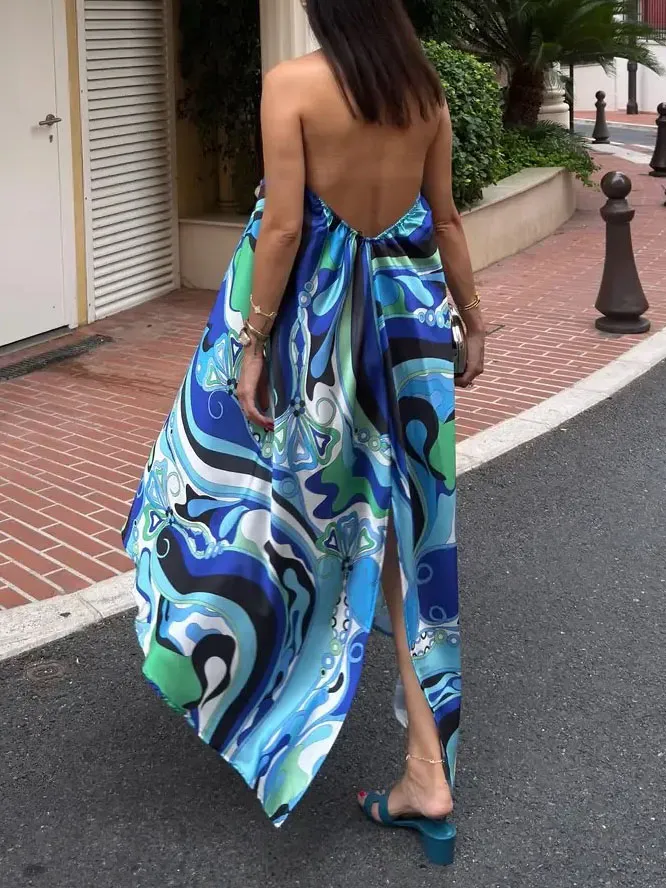 Elegant Halterneck Abstract Floral Print Midi Dress